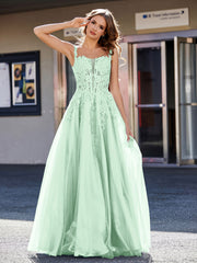 Robe de Soirée de A-ligne en Tulle à Col Carré Longueur au Sol Vert Menthe