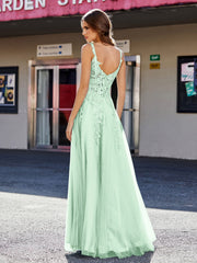 Robe de Soirée de A-ligne en Tulle à Col Carré Longueur au Sol Vert Menthe
