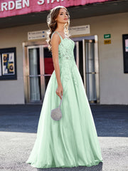 Robe de Soirée de A-ligne en Tulle à Col Carré Longueur au Sol Vert Menthe
