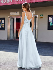 Robe de Soirée de A-ligne en Tulle à Col Carré Longueur au Sol Brume Grande Taille
