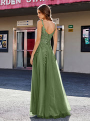 Robe de Soirée de A-ligne en Tulle à Col Carré Longueur au Sol Mousse Grande Taille