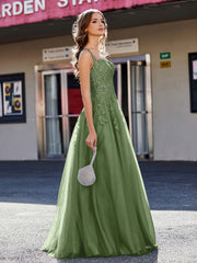Robe de Soirée de A-ligne en Tulle à Col Carré Longueur au Sol Mousse Grande Taille