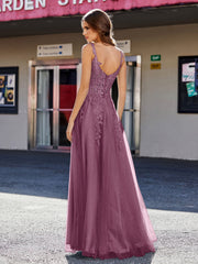 Robe de Soirée de A-ligne en Tulle à Col Carré Longueur au Sol Mûre Grande Taille