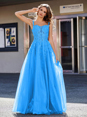 Robe de Soirée de A-ligne en Tulle à Col Carré Longueur au Sol Bleu Océan Grande Taille
