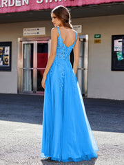 Robe de Soirée de A-ligne en Tulle à Col Carré Longueur au Sol Bleu Océan