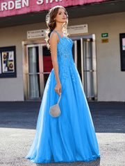 Robe de Soirée de A-ligne en Tulle à Col Carré Longueur au Sol Bleu Océan