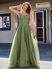 Robe de Soirée de A-ligne en Tulle à Col Carré Longueur au Sol Olive Verte Grande Taille