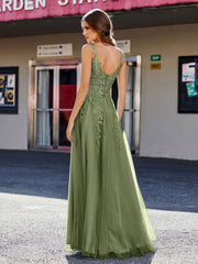 Robe de Soirée de A-ligne en Tulle à Col Carré Longueur au Sol Olive Verte Grande Taille