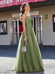 Robe de Soirée de A-ligne en Tulle à Col Carré Longueur au Sol Olive Verte Grande Taille