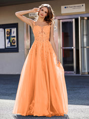 Robe de Soirée de A-ligne en Tulle à Col Carré Longueur au Sol Orange