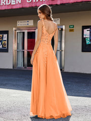 Robe de Soirée de A-ligne en Tulle à Col Carré Longueur au Sol Orange