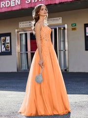 Robe de Soirée de A-ligne en Tulle à Col Carré Longueur au Sol Orange