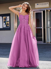 Robe de Soirée de A-ligne en Tulle à Col Carré Longueur au Sol Orchidée