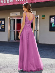 Robe de Soirée de A-ligne en Tulle à Col Carré Longueur au Sol Orchidée