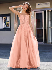 Robe de Soirée de A-ligne en Tulle à Col Carré Longueur au Sol Papaye