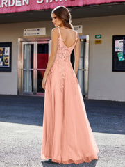Robe de Soirée de A-ligne en Tulle à Col Carré Longueur au Sol Papaye