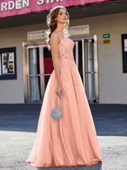 Robe de Soirée de A-ligne en Tulle à Col Carré Longueur au Sol Papaye