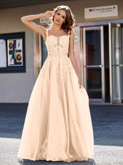 Robe de Soirée de A-ligne en Tulle à Col Carré Longueur au Sol Pêche Grande Taille