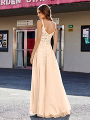 Robe de Soirée de A-ligne en Tulle à Col Carré Longueur au Sol Pêche