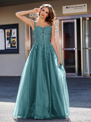 Robe de Soirée de A-ligne en Tulle à Col Carré Longueur au Sol Paon Grande Taille