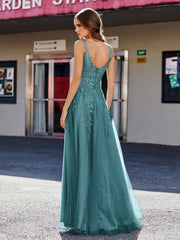 Robe de Soirée de A-ligne en Tulle à Col Carré Longueur au Sol Paon Grande Taille