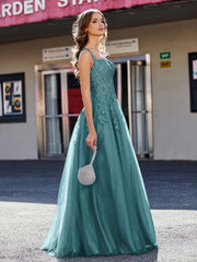 Robe de Soirée de A-ligne en Tulle à Col Carré Longueur au Sol Paon Grande Taille