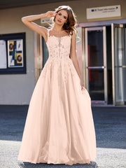 Robe de Soirée de A-ligne en Tulle à Col Carré Longueur au Sol Rose Perle Grande Taille