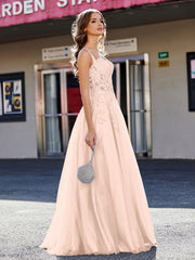 Robe de Soirée de A-ligne en Tulle à Col Carré Longueur au Sol Rose Perle Grande Taille