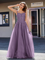 Robe de Soirée de A-ligne en Tulle à Col Carré Longueur au Sol Plum