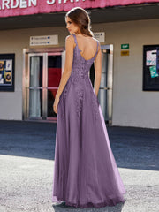 Robe de Soirée de A-ligne en Tulle à Col Carré Longueur au Sol Plum