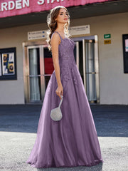 Robe de Soirée de A-ligne en Tulle à Col Carré Longueur au Sol Plum