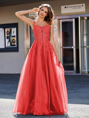Robe de Soirée de A-ligne en Tulle à Col Carré Longueur au Sol Rouge Grande Taille
