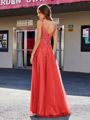 Robe de Soirée de A-ligne en Tulle à Col Carré Longueur au Sol Rouge Grande Taille