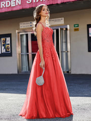 Robe de Soirée de A-ligne en Tulle à Col Carré Longueur au Sol Rouge