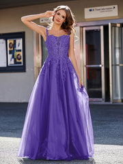 Robe de Soirée de A-ligne en Tulle à Col Carré Longueur au Sol Régence