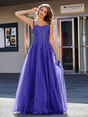 Robe de Soirée de A-ligne en Tulle à Col Carré Longueur au Sol Bleu Royale Grande Taille
