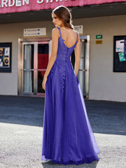 Robe de Soirée de A-ligne en Tulle à Col Carré Longueur au Sol Bleu Royale Grande Taille