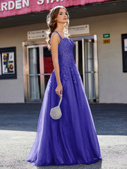 Robe de Soirée de A-ligne en Tulle à Col Carré Longueur au Sol Bleu Royale