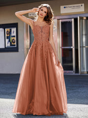 Robe de Soirée de A-ligne en Tulle à Col Carré Longueur au Sol Rouille Grande Taille