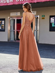 Robe de Soirée de A-ligne en Tulle à Col Carré Longueur au Sol Rouille Grande Taille