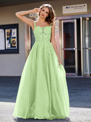Robe de Soirée de A-ligne en Tulle à Col Carré Longueur au Sol Sauge