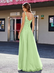 Robe de Soirée de A-ligne en Tulle à Col Carré Longueur au Sol Sauge