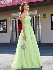 Robe de Soirée de A-ligne en Tulle à Col Carré Longueur au Sol Sauge