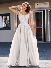 Robe de Soirée de A-ligne en Tulle à Col Carré Longueur au Sol Argent Grande Taille