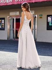 Robe de Soirée de A-ligne en Tulle à Col Carré Longueur au Sol Argent Grande Taille