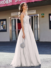 Robe de Soirée de A-ligne en Tulle à Col Carré Longueur au Sol Argent Grande Taille