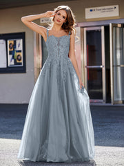 Robe de Soirée de A-ligne en Tulle à Col Carré Longueur au Sol Bleu de Schiste