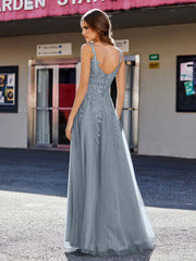 Robe de Soirée de A-ligne en Tulle à Col Carré Longueur au Sol Bleu de Schiste Grande Taille