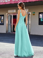 Robe de Soirée de A-ligne en Tulle à Col Carré Longueur au Sol Spa Grande Taille