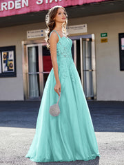 Robe de Soirée de A-ligne en Tulle à Col Carré Longueur au Sol Spa Grande Taille